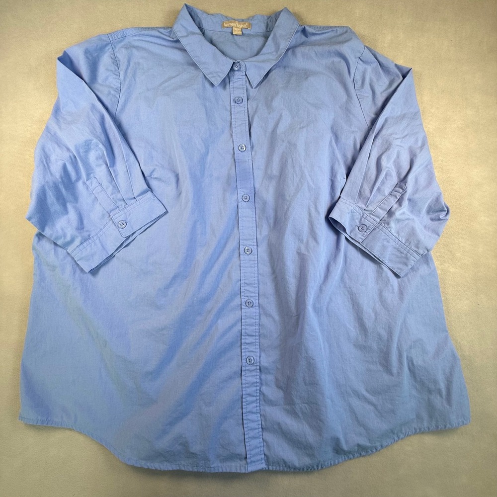 Woman Within Blue 3/4 Sleeve Button Up Shirt Blouse 3X 30/32 Cotton Blend